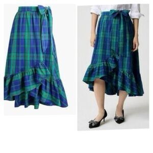 J. Crew, S. M Blue & Green Plaid Ruffle Hem Midi, NWT, 100% cotton
